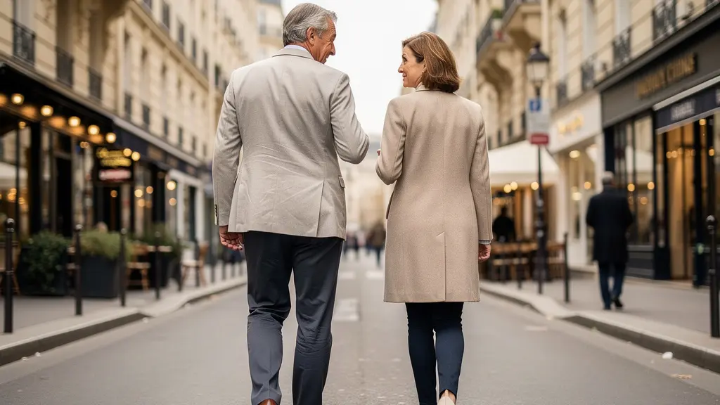 Couple de voyageurs européens marchant dans une rue haussmannienne de Paris
