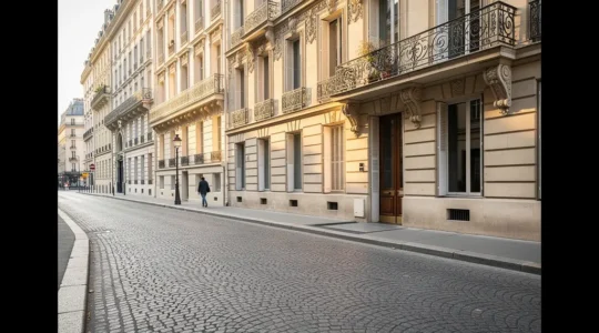 Façade haussmannienne du 8e arrondissement Paris au petit matin, architecture parisienne typique