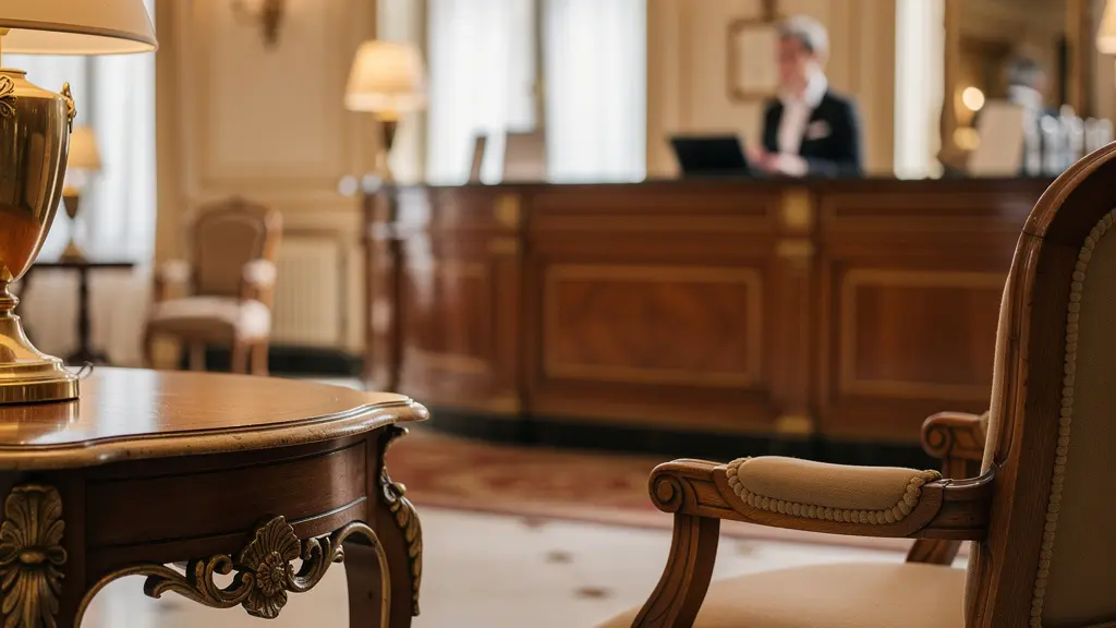 Hall d'entrée d'un hôtel parisien classique avec mobilier élégant et réception
